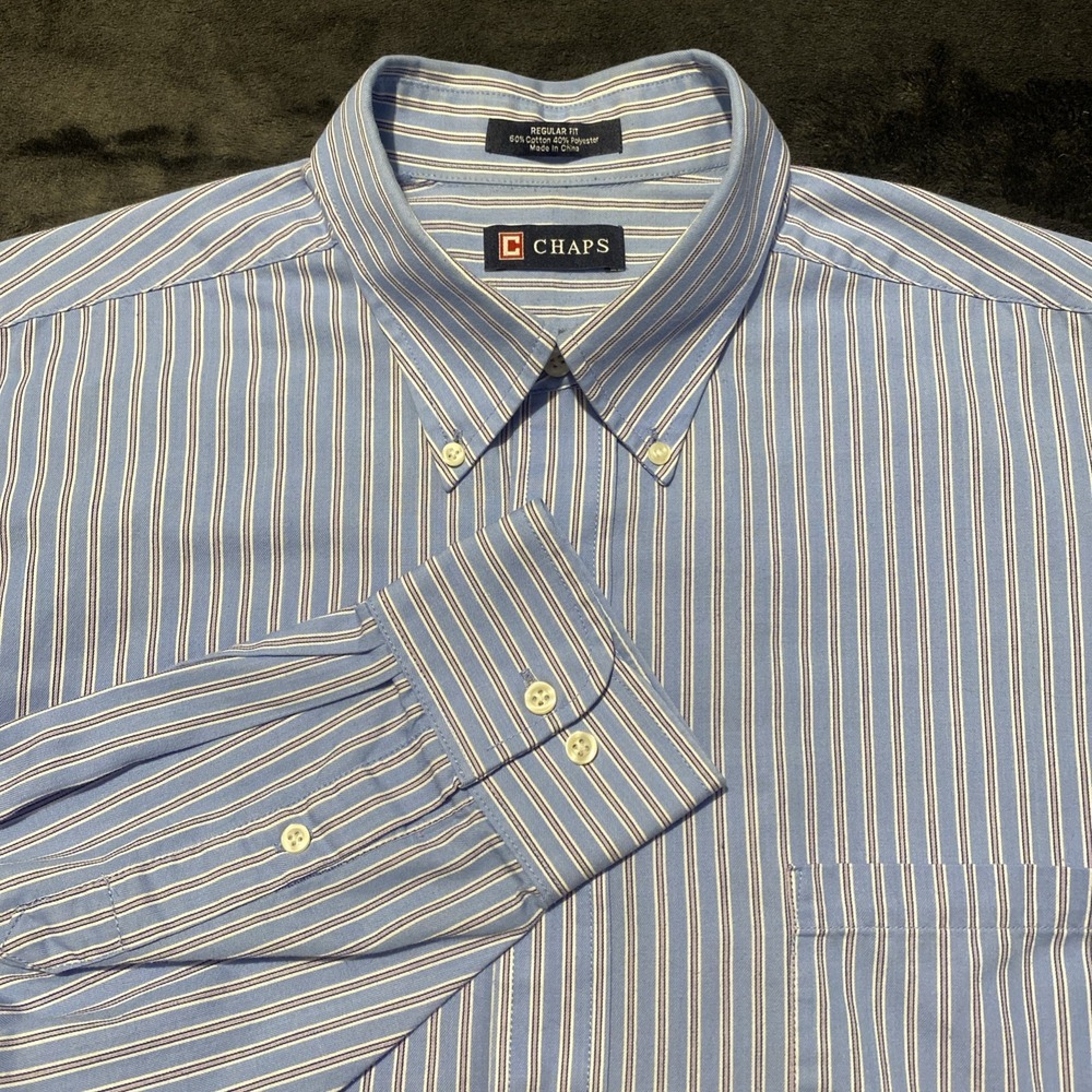 Chaps Shirt Mens Sz L Blue Pink Stripe Long Sleeve Button Up Hipster Preppy‎